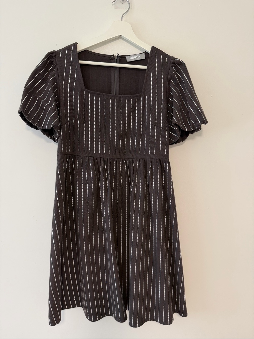 Black Pinstripe Puff Sleeve Dress